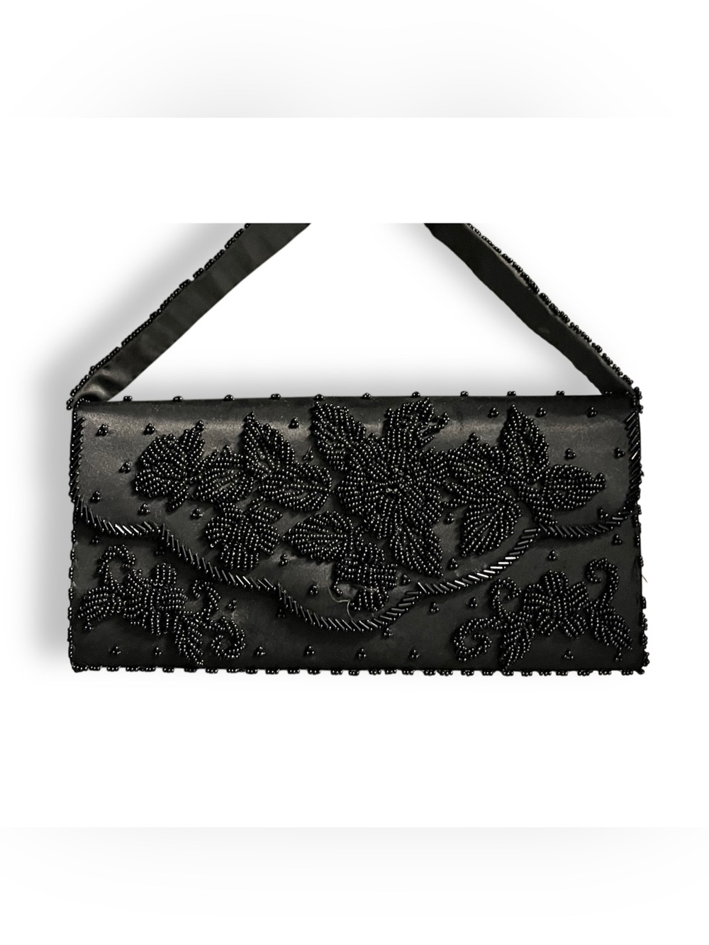 Vintage Black Satin Beaded Floral Evening Bag 1950s MCM Clutch